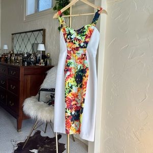 Black Halo dress midi length in neon colors on white with gold zipper size 0